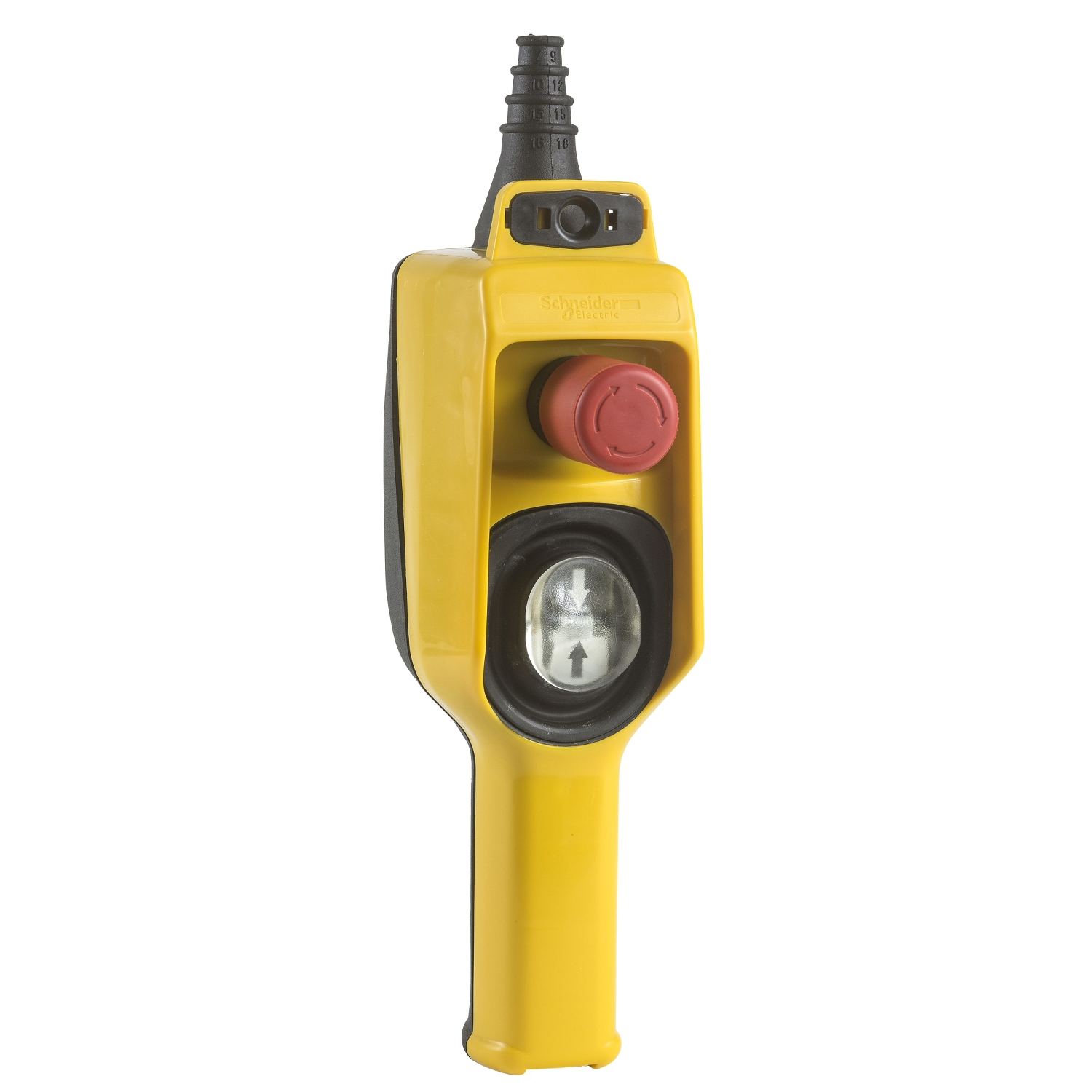 Estación de control en suspensión, Harmony XAC, plástico, amarillo, 1 2 pulsadores direccionales, 1 parada de emergencia XACD22A0105